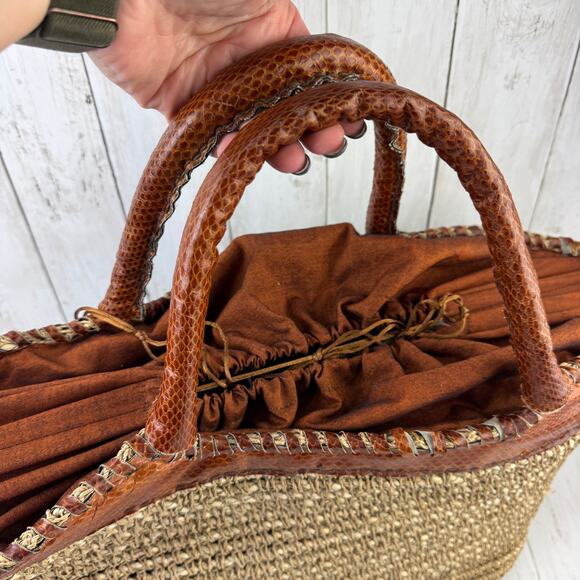 VTG Beirn Brown Cotton Raffia and Leather Trim Shoulder Tote Bag Hand Made - Picture 8 of 15